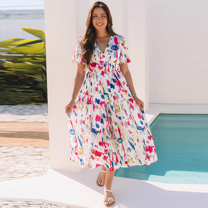 European And American Leisure All-match Multicolor Printed Cropped Dress