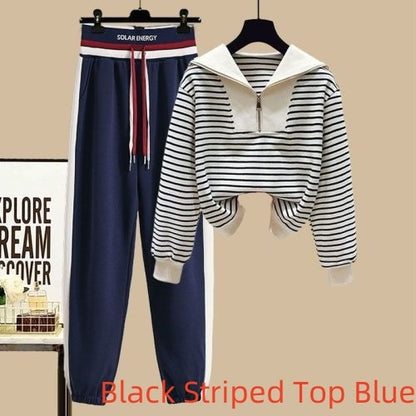 Sports Suit Spring Striped Sailor Collar Zipper Sweater