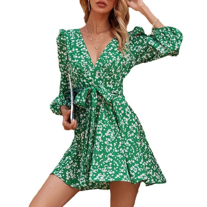 New Floral Tie-waist Puff-sleeve High-waist Flared Dress