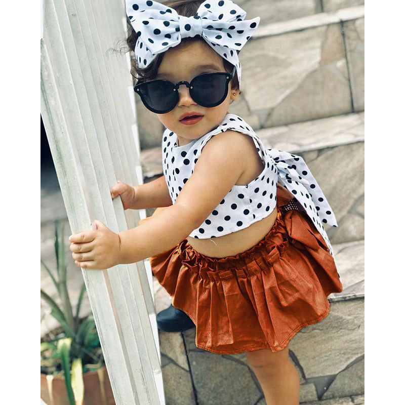 Polka dot top + bow skirt three-piece suit