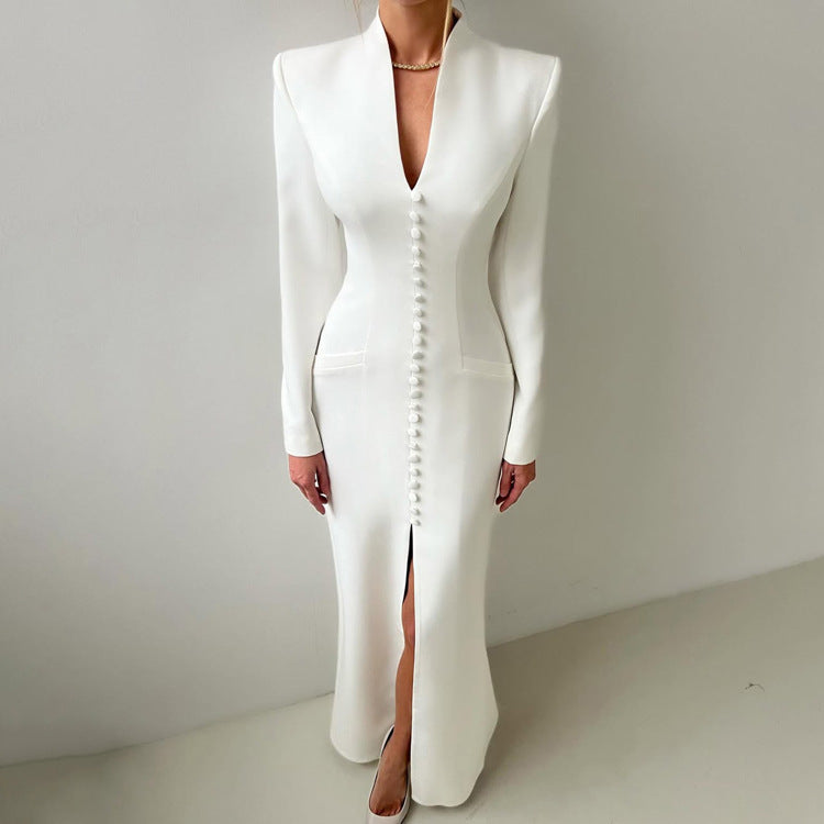 V-neck Long Sleeve High Waist Slit French Dress