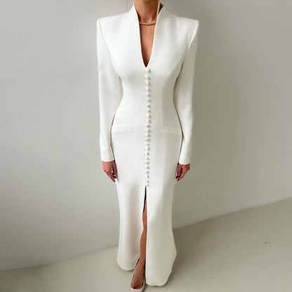 V-neck Long Sleeve High Waist Slit French Dress