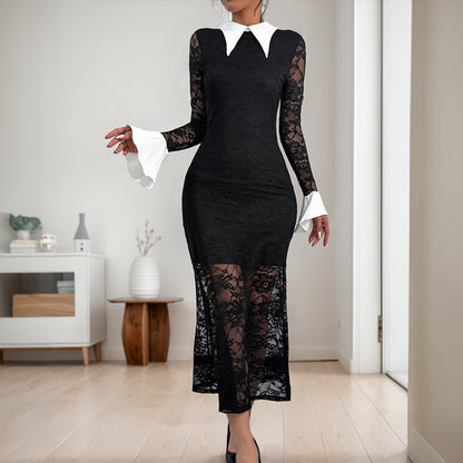 Sexy Elegant Lace Long Sleeve Lapel Color Matching Temperament Dress