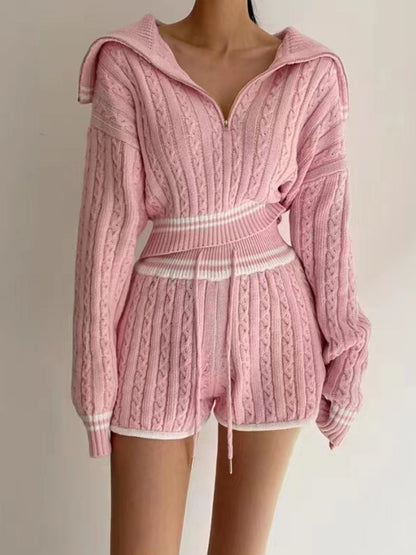 Fashion Cable-knit Sweater Shorts Suit