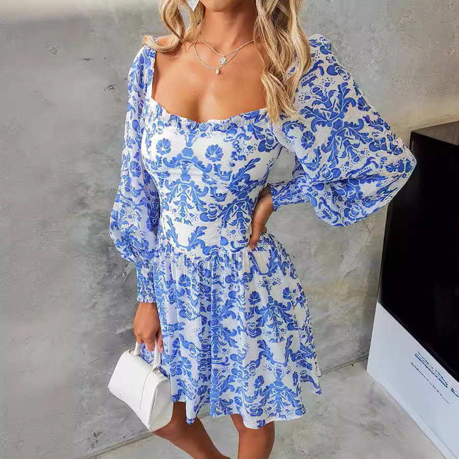Square Collar Printed Long Sleeve Mini Dress Women