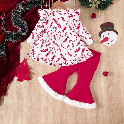 Christmas Candy Plush Bell-bottom Pants Suit