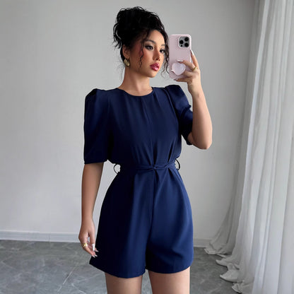 Advanced Simple Puff Sleeve Solid Color Shorts One-piece