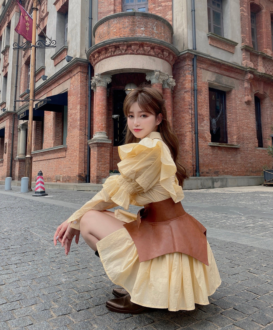 Yellow puff sleeve shirt waist dress