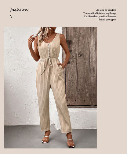 European And American Style Pleated Solid Color Suspender Jumpsuit