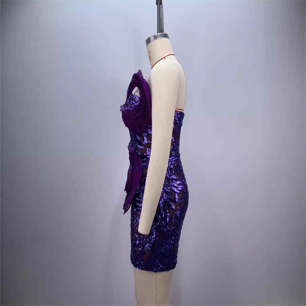 Fashion Backless Off-shoulder Tube Top Mesh Sequins Tight Purple Mini Dress