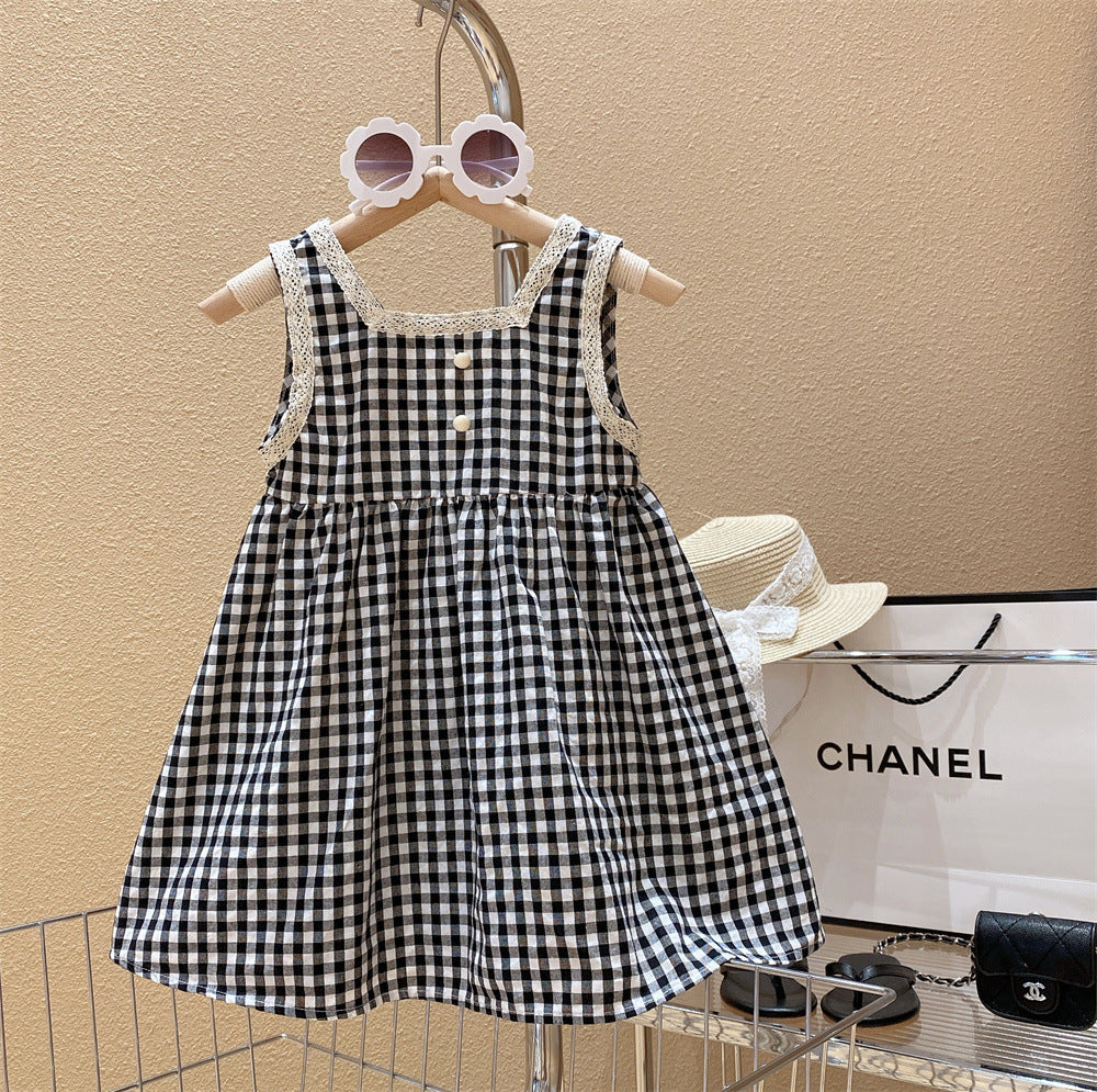 Sweet Black And White Plaid Princess Vest Skirt