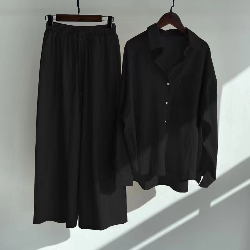 Women's 2-piece Retro Plus Size Cotton Linen Shirt Outfit High Waist Loose Trousers
