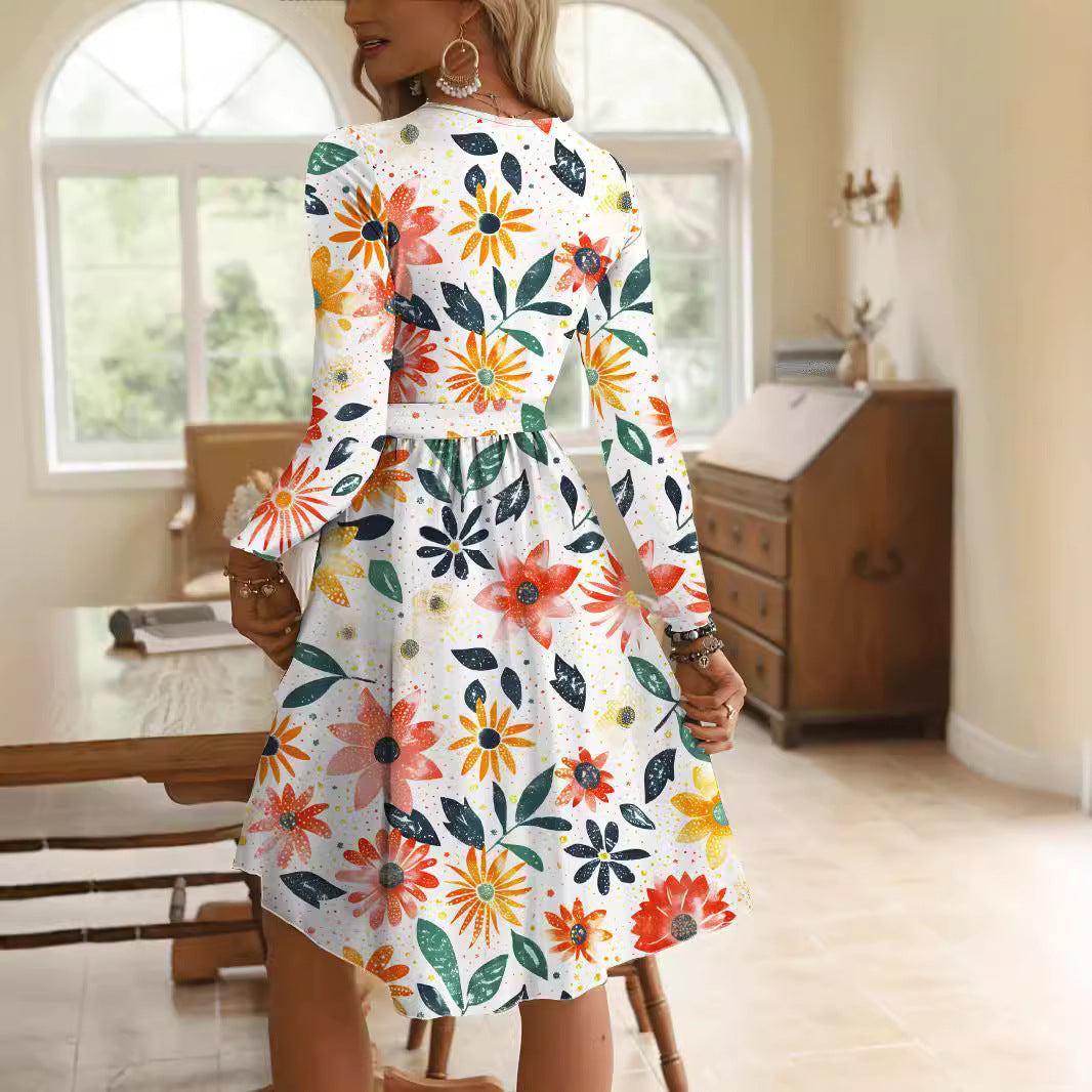 Round Neck Long Sleeve Midi Waist Trimming Printing Dress