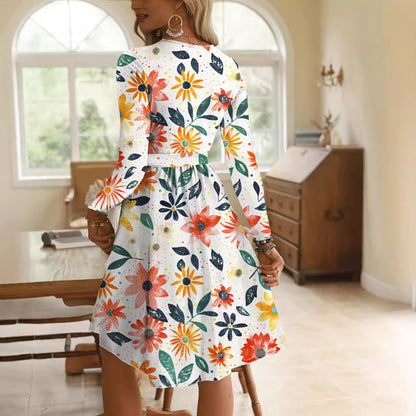 Round Neck Long Sleeve Midi Waist Trimming Printing Dress