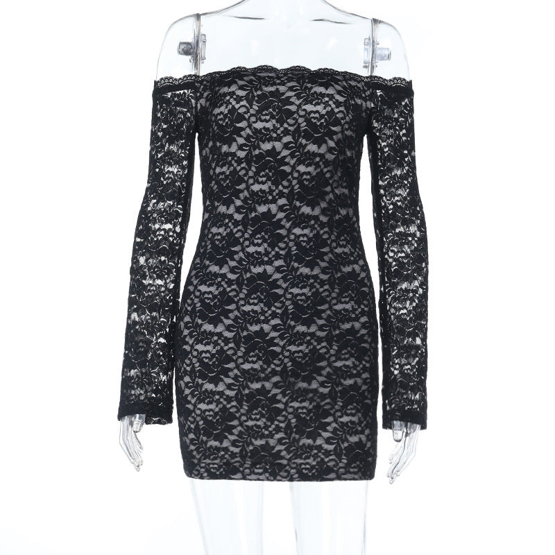 One-shoulder Lace Long-sleeved Dress Sexy Sheer