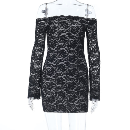 One-shoulder Lace Long-sleeved Dress Sexy Sheer