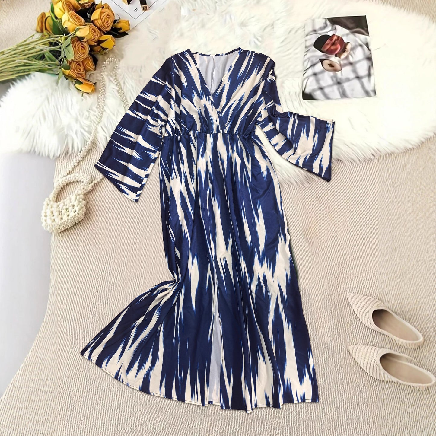 New Printed V-neck Slit Loose Long Sleeve Dress