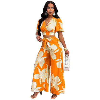 Women's Wear Tropical Printing Pleated Butterfly Sleeve Top Drawstring Wide Leg Trousers Suit