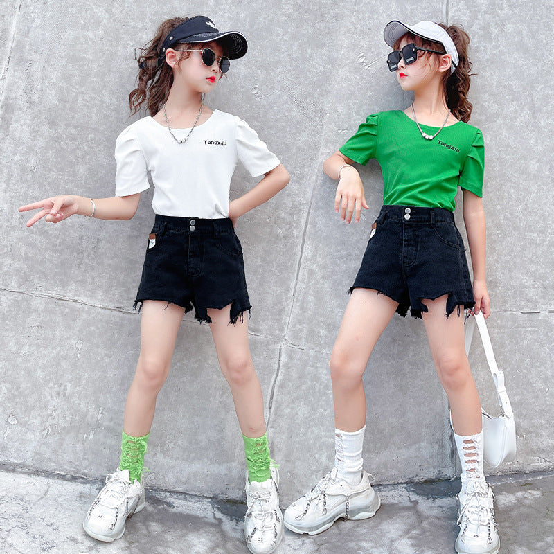 Girls Summer Personalized Back Hollow Short-sleeved Shorts Suit