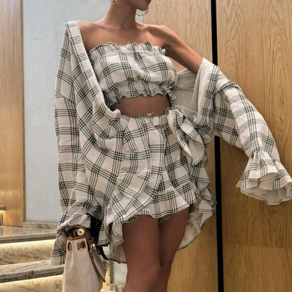 Retro Loose Outfit Long Sleeve Plaid Shirt Tube Top Shorts Fashion Casual Three-piece Suit