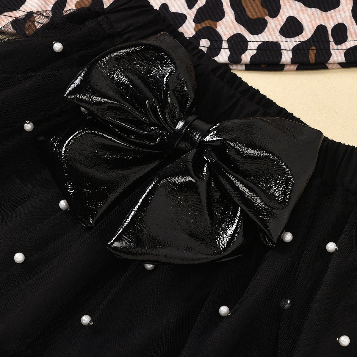 Leopard print long-sleeved lace skirt girl suit