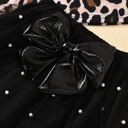 Leopard print long-sleeved lace skirt girl suit