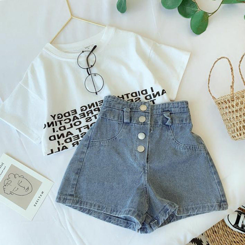 Little Girl Korean Fashion Medium And Large Children's Denim Shorts Two-piece Set