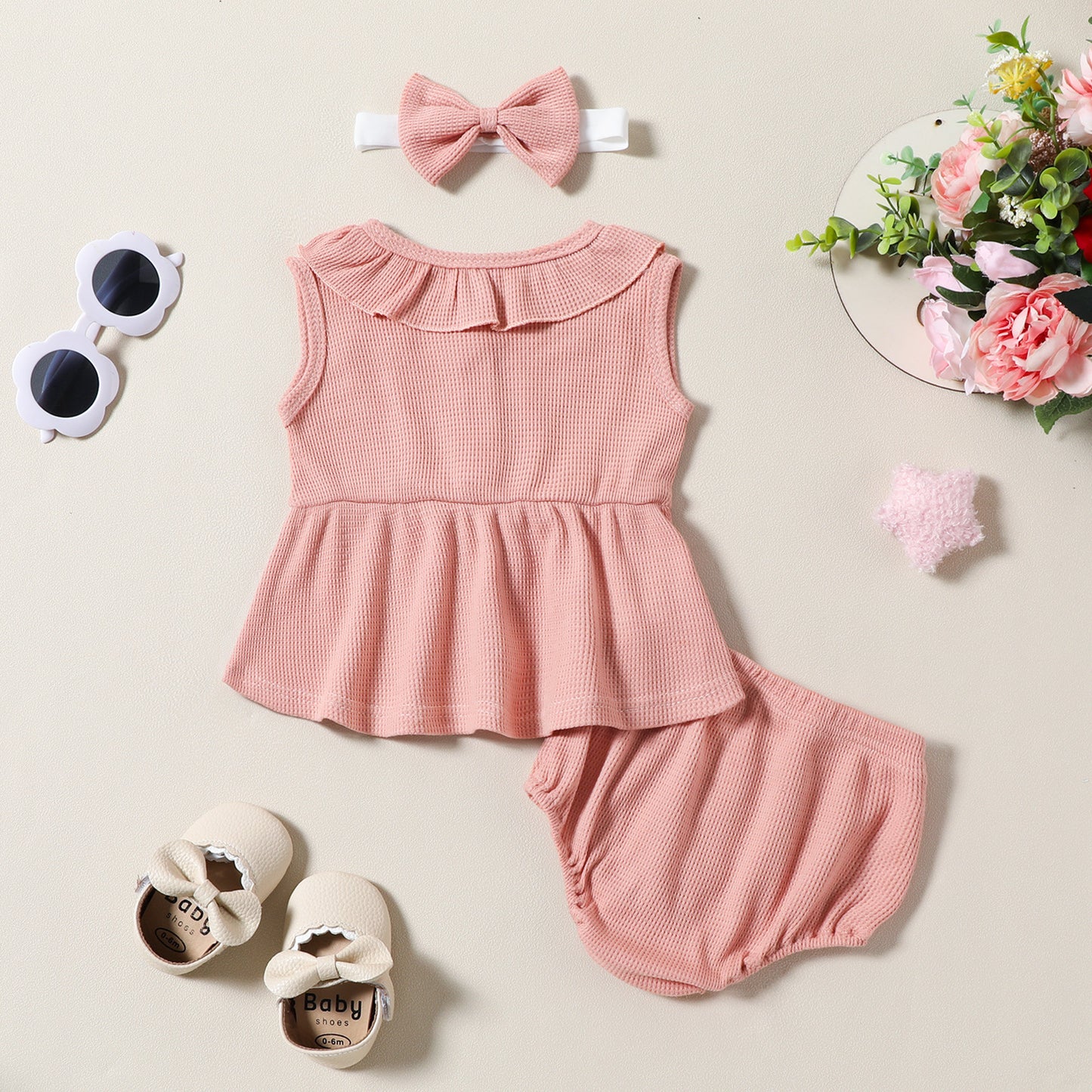 Girls' Fashion Waffle Sleeveless Dress Top Shorts Headdress Three-piece Set