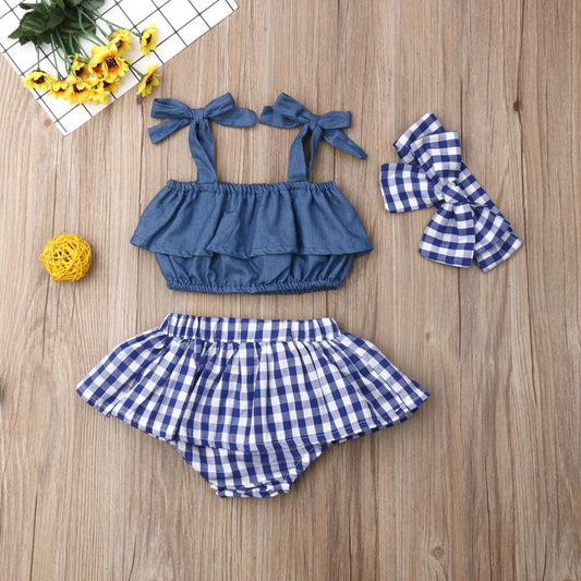 European And American Summer New Suspenders Denim Clothes To Lattice Butt Pants Headscarf