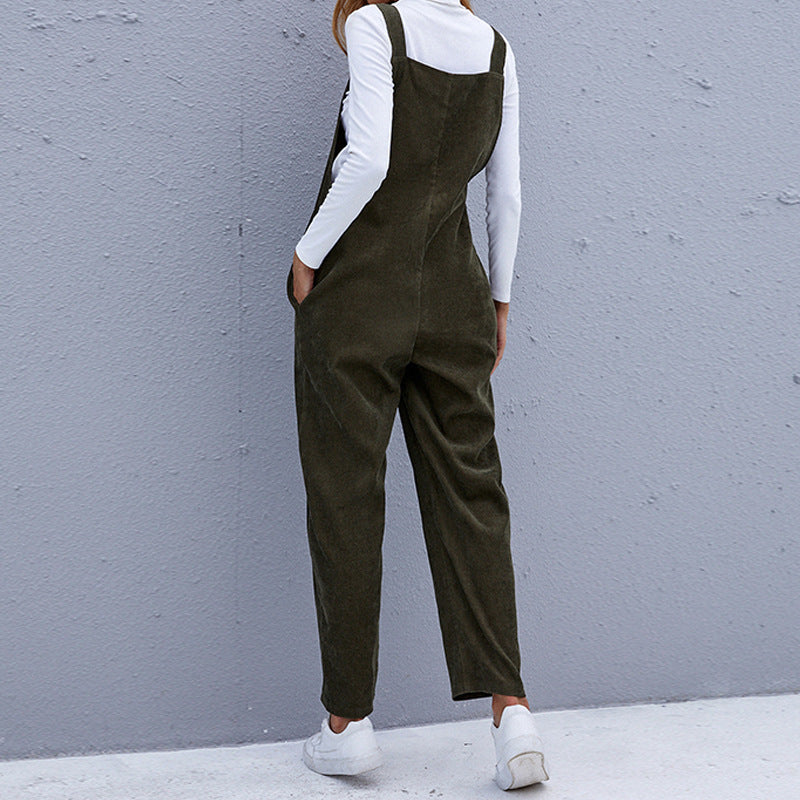 Fall Casual Loose Corduroy Solid Color Strap Ladies Jumpsuit