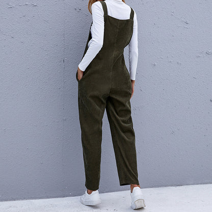 Fall Casual Loose Corduroy Solid Color Strap Ladies Jumpsuit