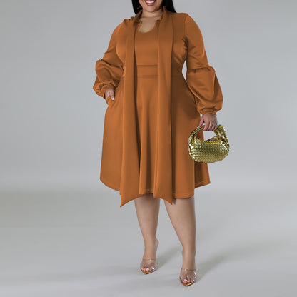 Long-sleeved Bubble Sleeve Midi Dress