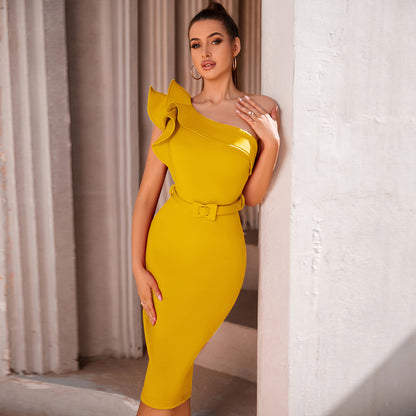 One Shoulder Solid Color With Belt Party Dress