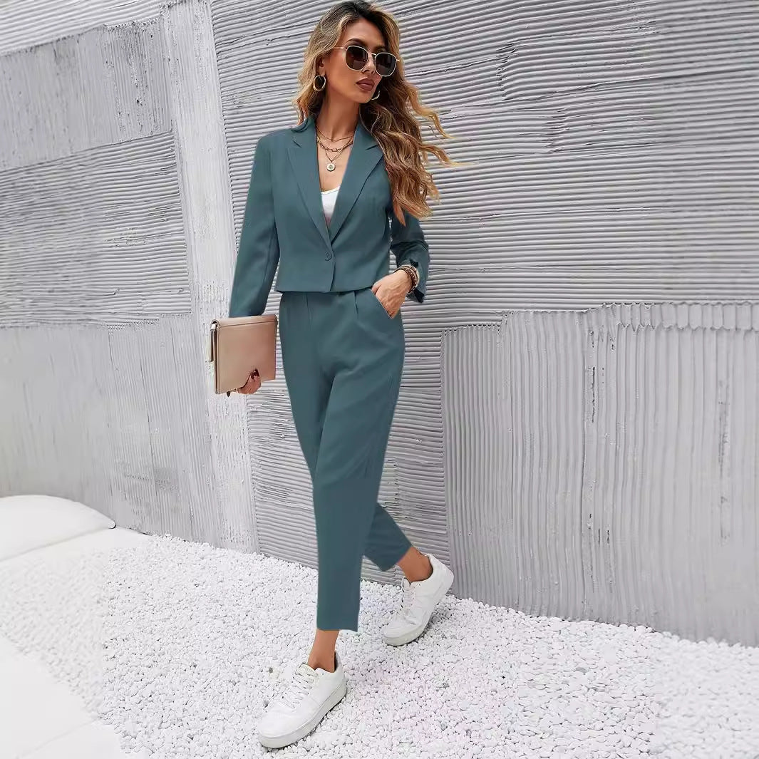 Solid Color Lapel Long Sleeve Dungarees Fashion Two-piece Suit