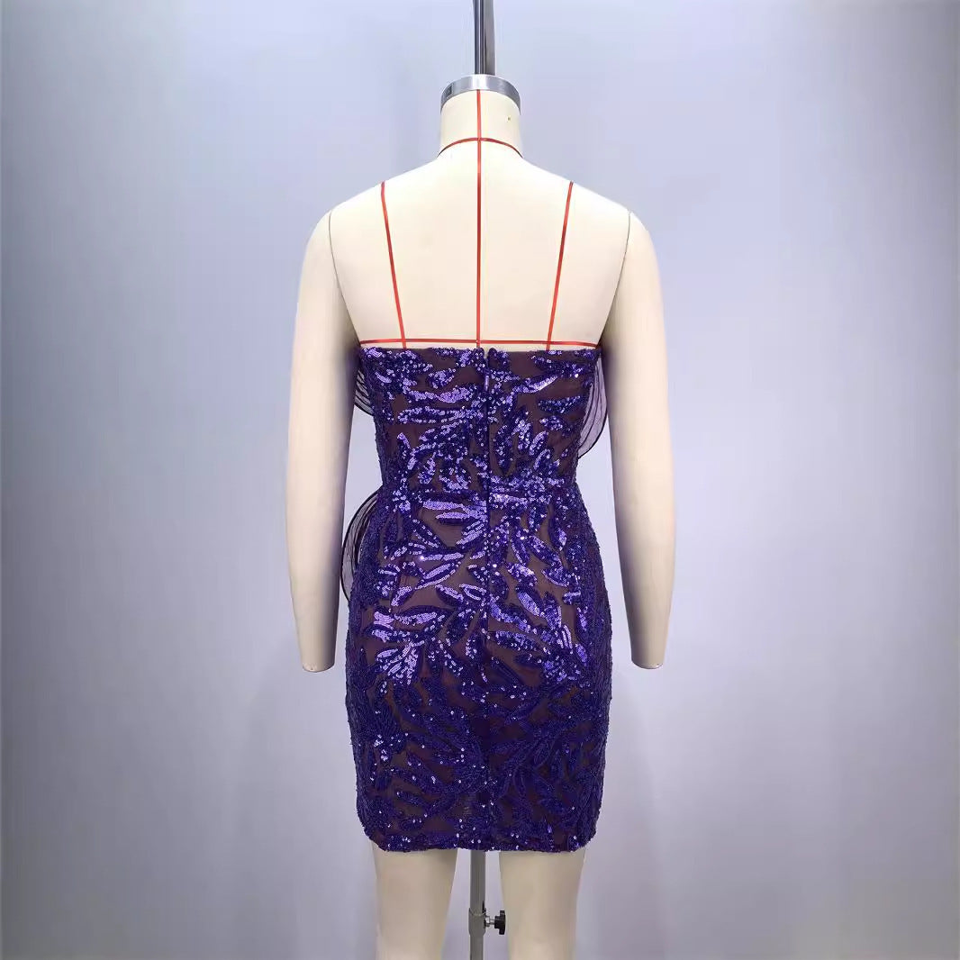 Fashion Backless Off-shoulder Tube Top Mesh Sequins Tight Purple Mini Dress