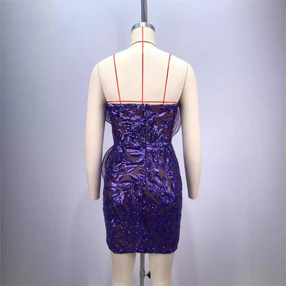 Fashion Backless Off-shoulder Tube Top Mesh Sequins Tight Purple Mini Dress