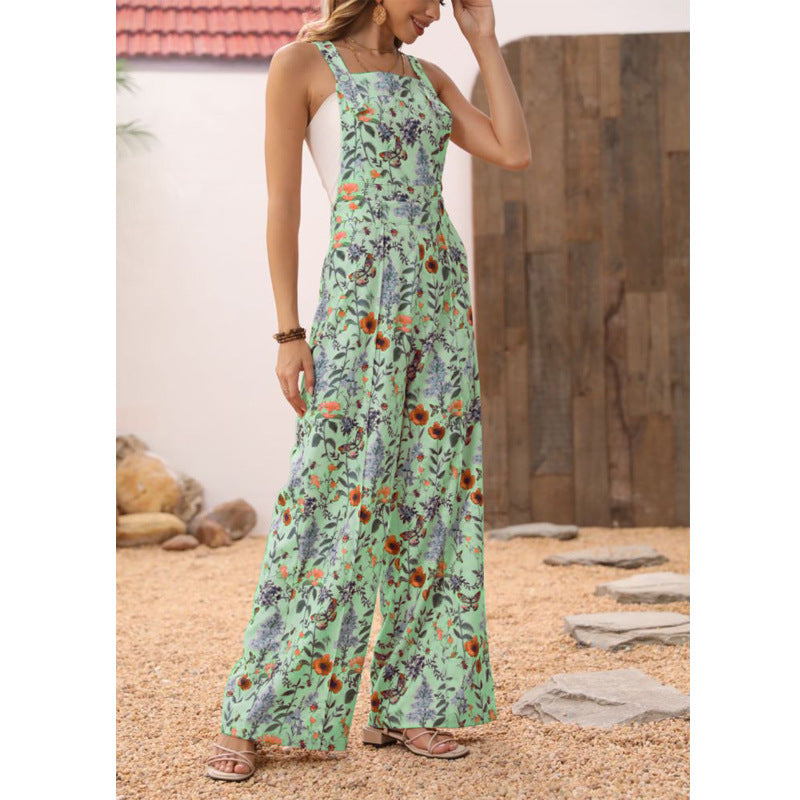 Cross-border Floral Print Button Wide Leg Jumpsuit Hot Sale In Stock