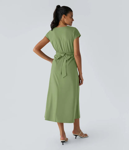 Solid Color Overlapping V-neck Short Sleeve Side Pocket Lace-up Quick-drying Mid-length Casual Dress