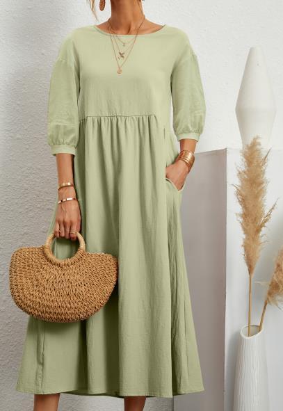 Lantern Sleeve Loose Cotton And Linen Pocket Dress
