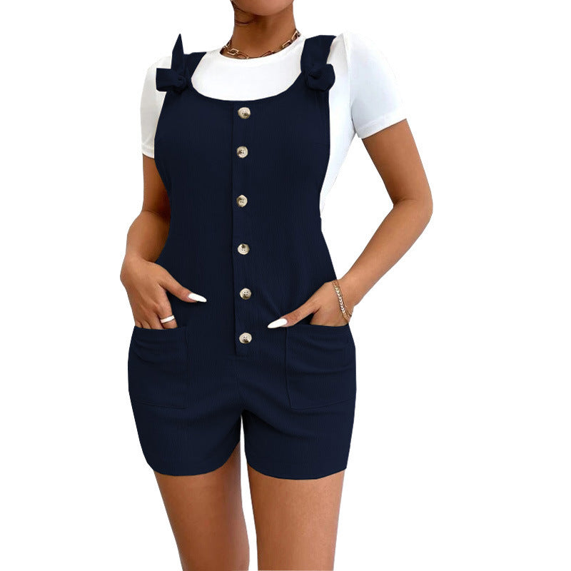 Women's Solid Color Strap Button Pocket Jumpsuit