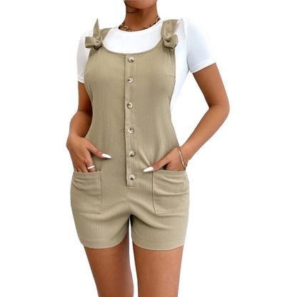 Women's Solid Color Strap Button Pocket Jumpsuit