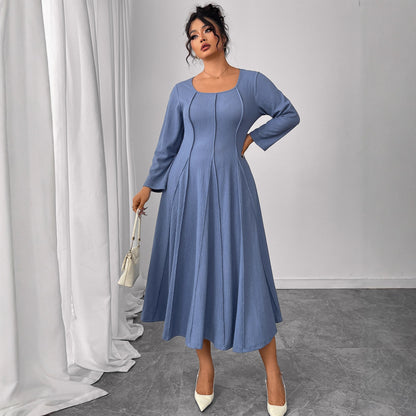 Square Collar Plus Size Loose High Waist Slimming Long Dress