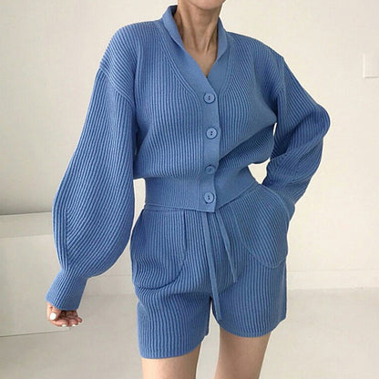 V-neck Knitted Cardigan High Waist Casual Shorts Suit