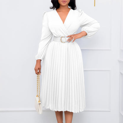 Long Sleeve V-neck Pleated Midi Dress