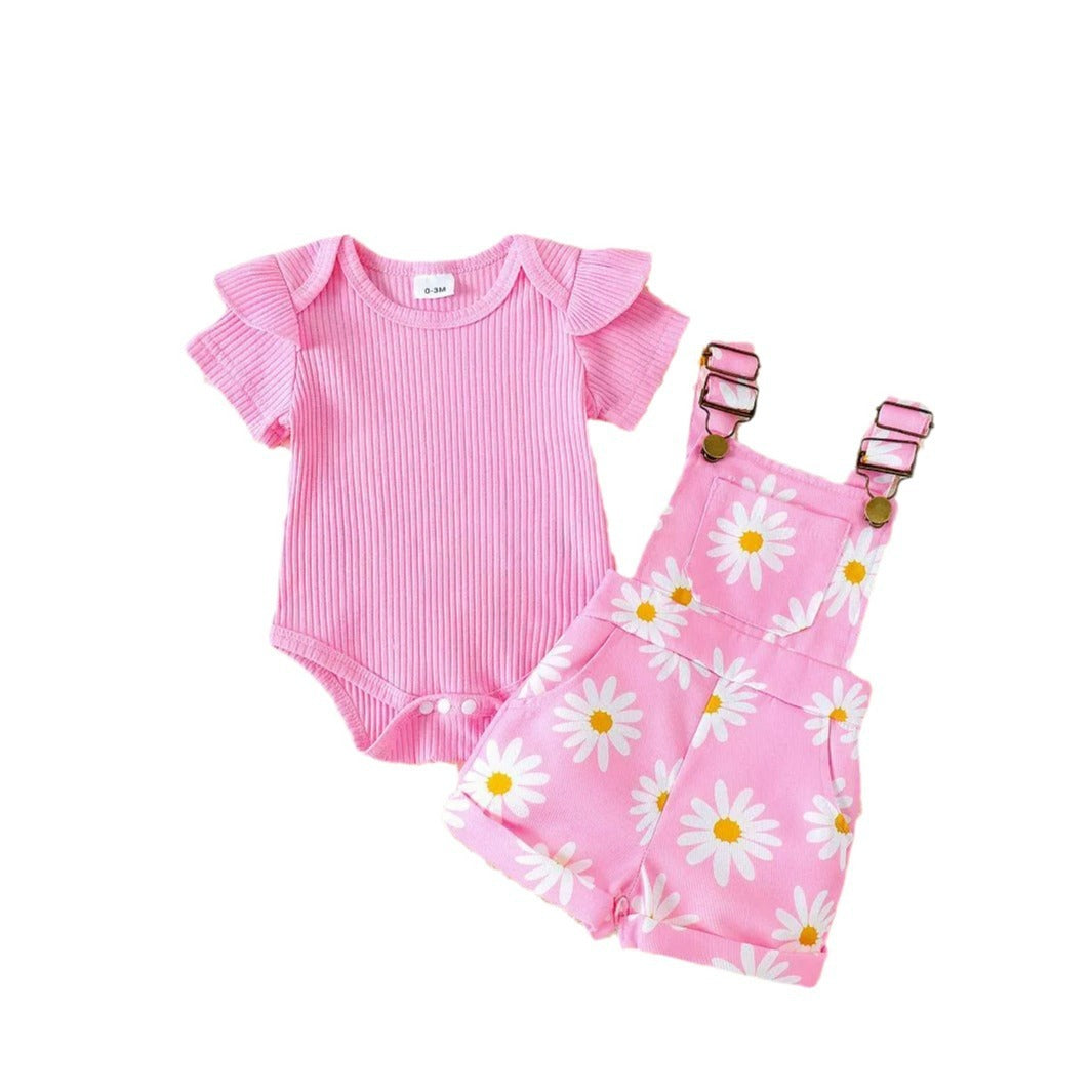 Pullover Romper Flower Print Suspender Pants Two-piece Set