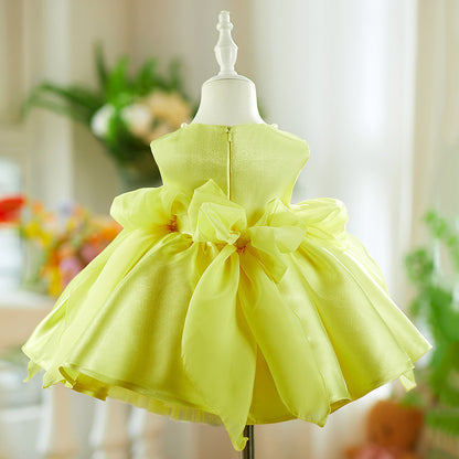 Yellow Mixed Satin Pearl Heavy Industry Pettiskirt Baby Birthday Party Dress