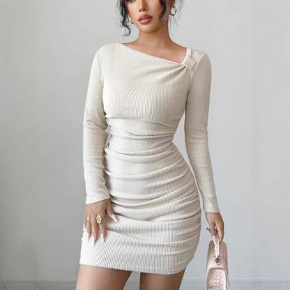 One-shoulder Slim-fit Long-sleeved Knitted Dress With A Body-hugging Silhouette
