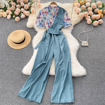 Fake Two Pieces Of Western Style V-neck High Waist Slimming Drape Wide-leg Jumpsuit Women