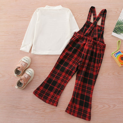 Two Piece Set Of Round Neck Top Plaid Suspender Trousers