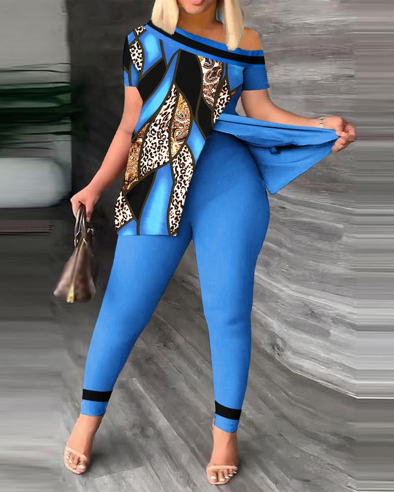 Women's Fashion Casual Slit Diagonal Collar Printing Suit